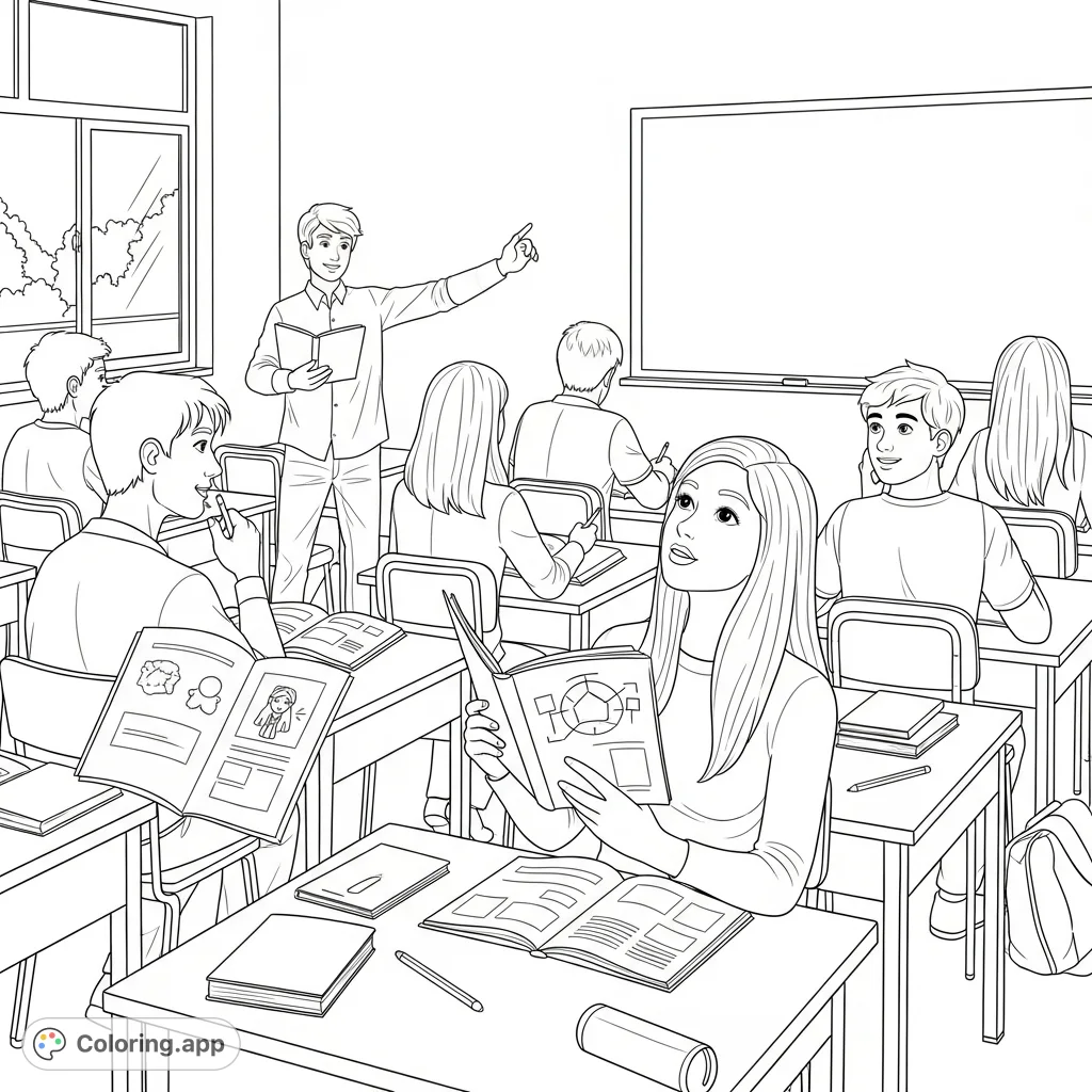 Engage in a vibrant classroom scene featuring students focused on learning with study guides. A perfect free printable coloring page for school-themed fun.