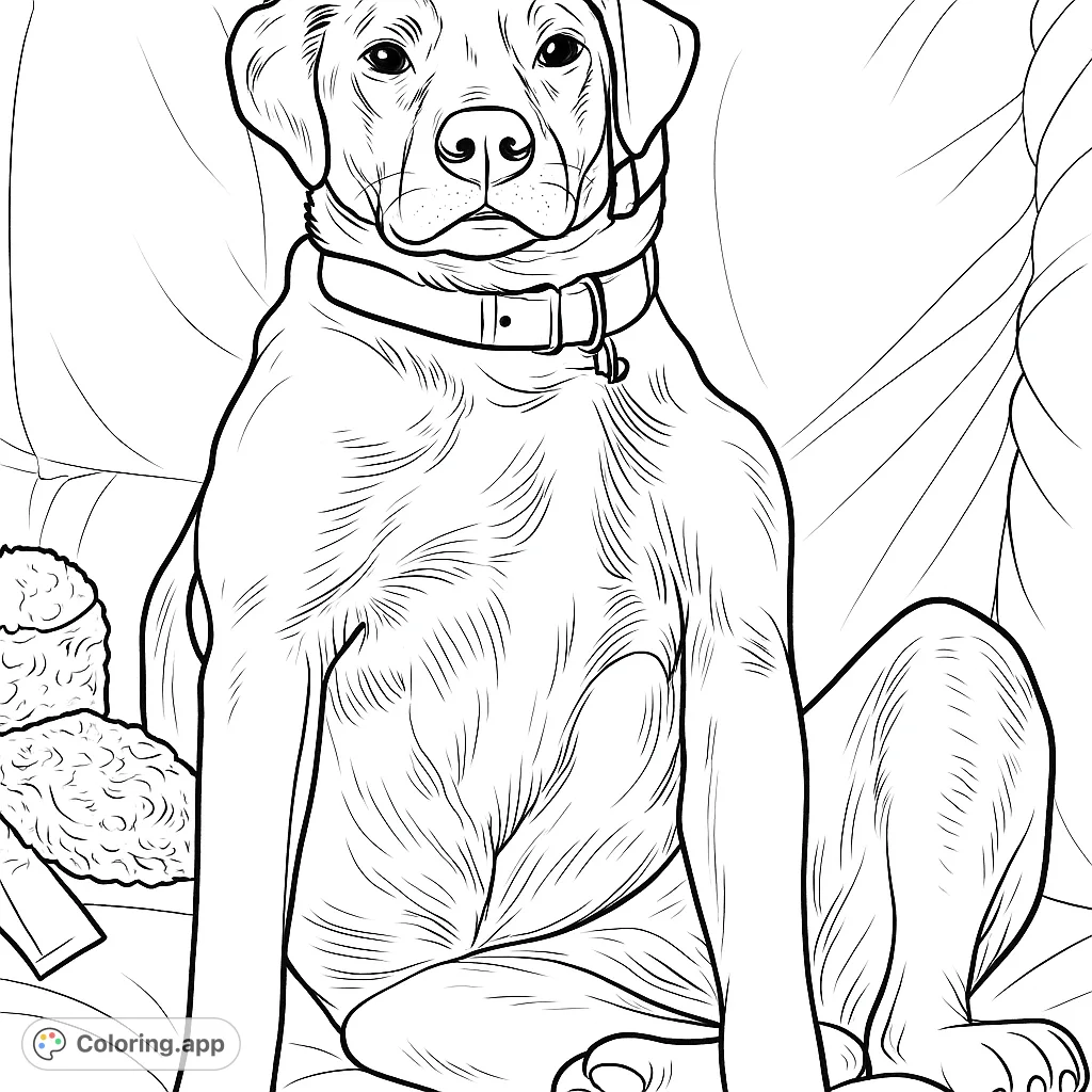 A charming dog sits comfortably on a textured couch, featuring a distinctive chest marking and a patterned collar, ready for a creative coloring session.