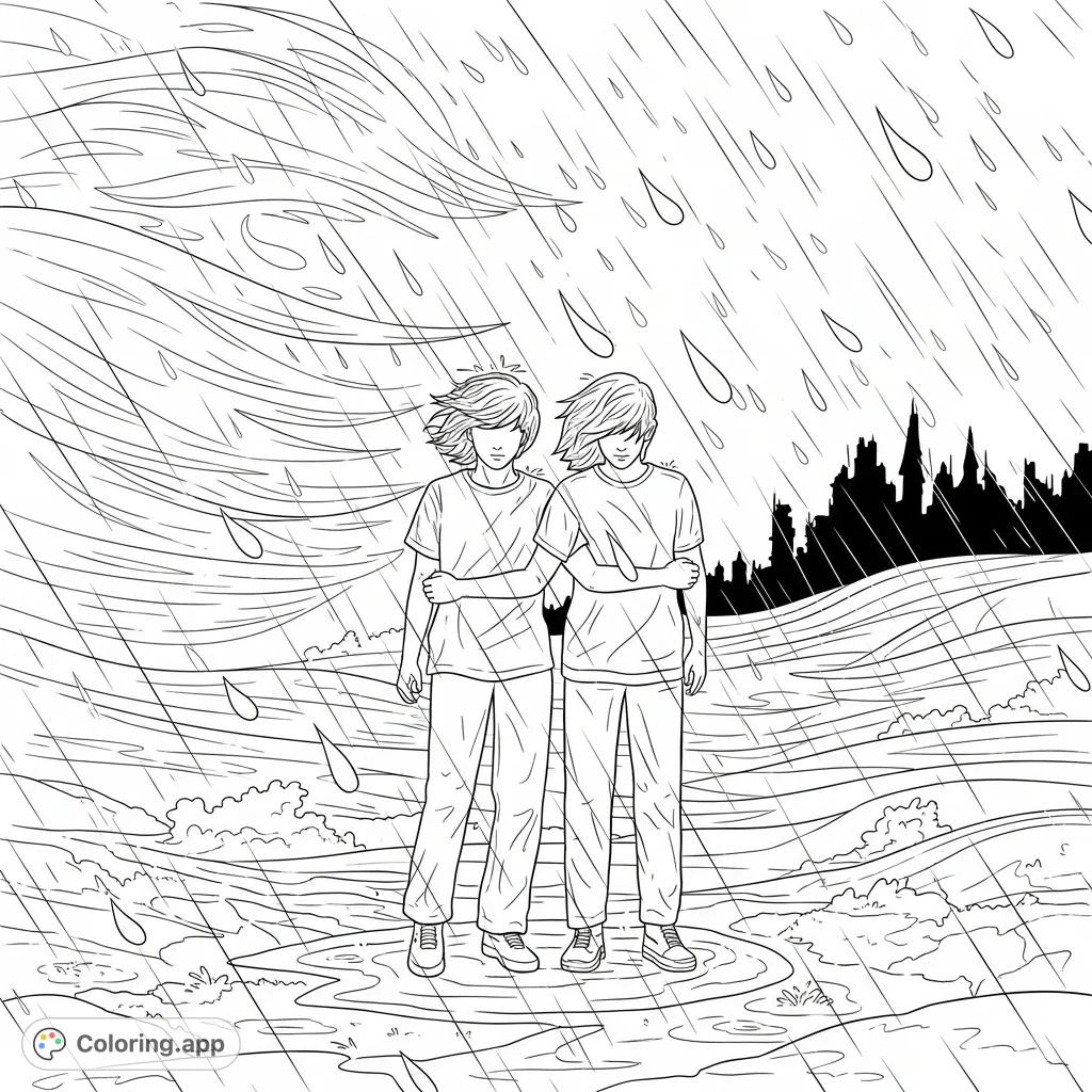 A powerful friendship coloring page depicting two figures standing strong together amidst a storm, symbolizing unwavering support and resilience.
