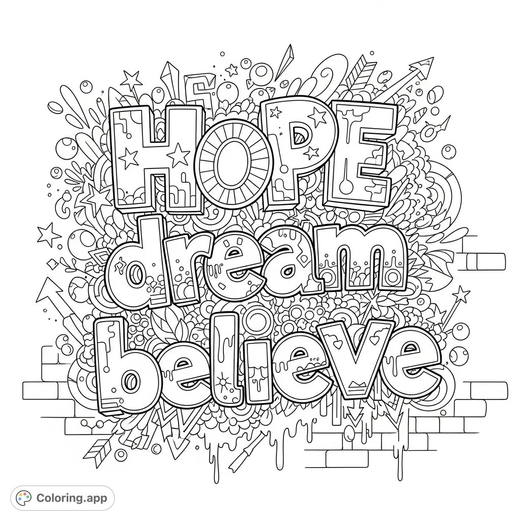 Unleash your creativity with this dynamic graffiti coloring page featuring "Hope dream believe" in bold, intricate lettering against an urban brick wall.