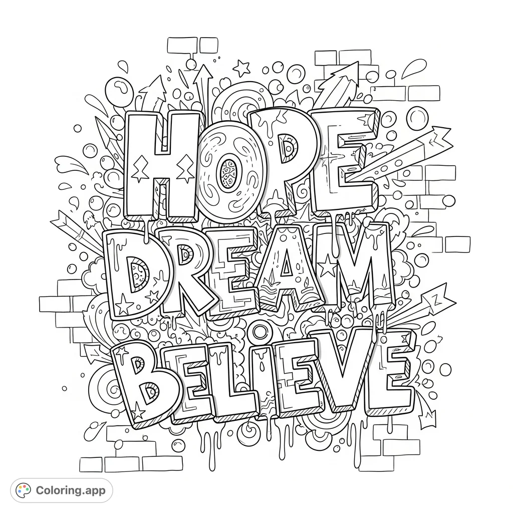 Dynamic graffiti art featuring "Hope dream believe" with intricate patterns and urban flair. A detailed design for creative expression and motivation.