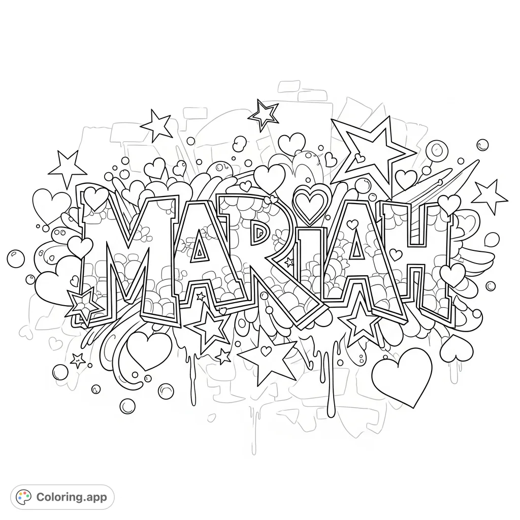 A dynamic graffiti-style coloring page featuring the name "Mariah" with intricate patterns, sharp angles, and surrounding hearts, stars, and urban elements.