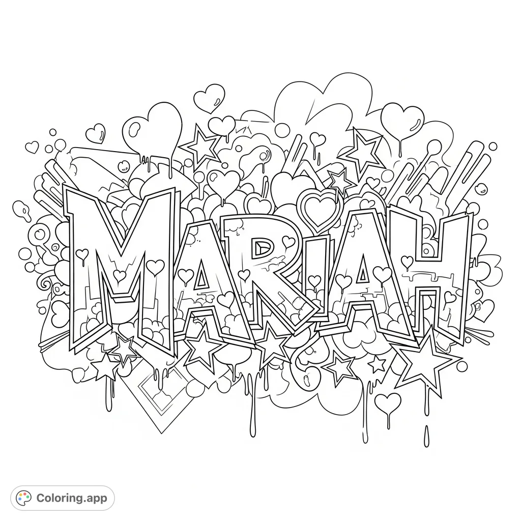 A dynamic graffiti-style coloring page featuring the name "Mariah" with intricate patterns, sharp angles, and surrounding hearts, stars, and urban elements.