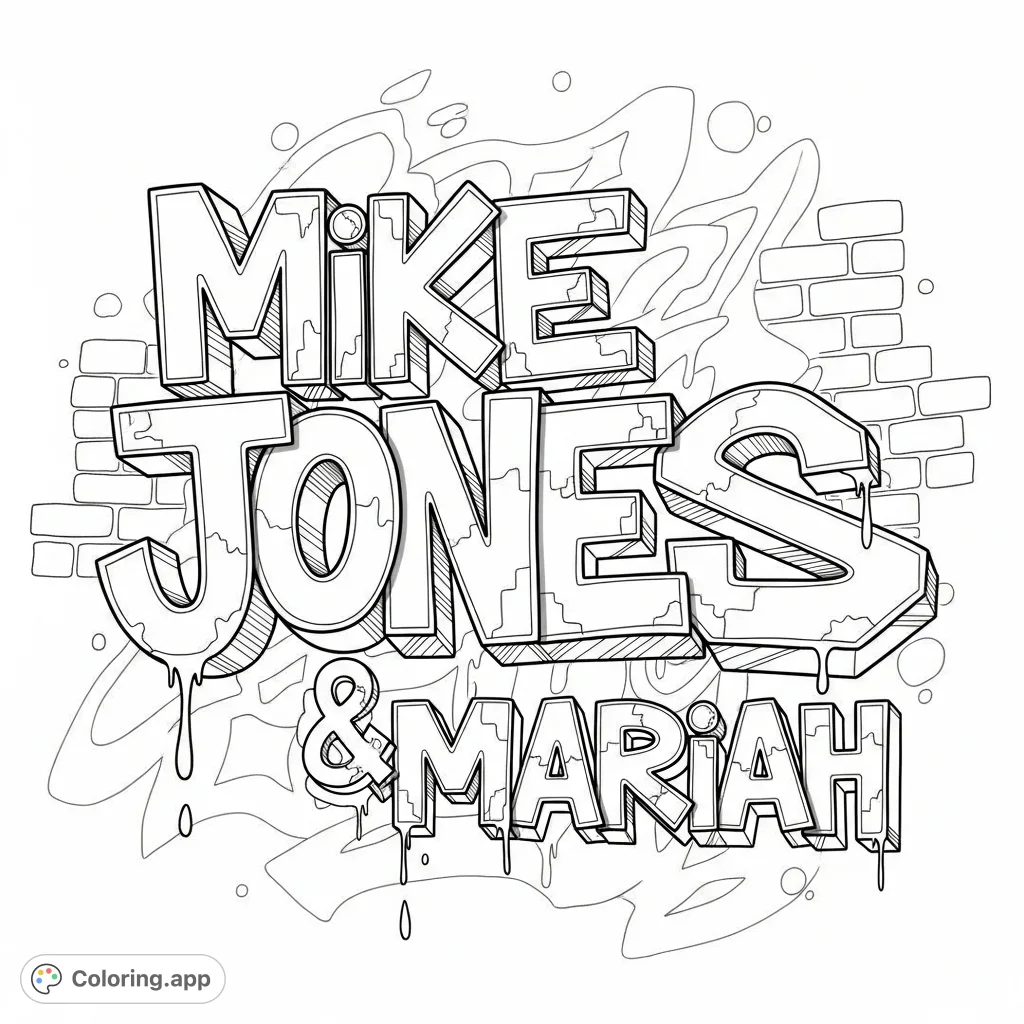Dynamic graffiti art featuring the names "Mike Jones" and "Mariah" with bold lettering, intricate outlines, and an urban brick wall background.