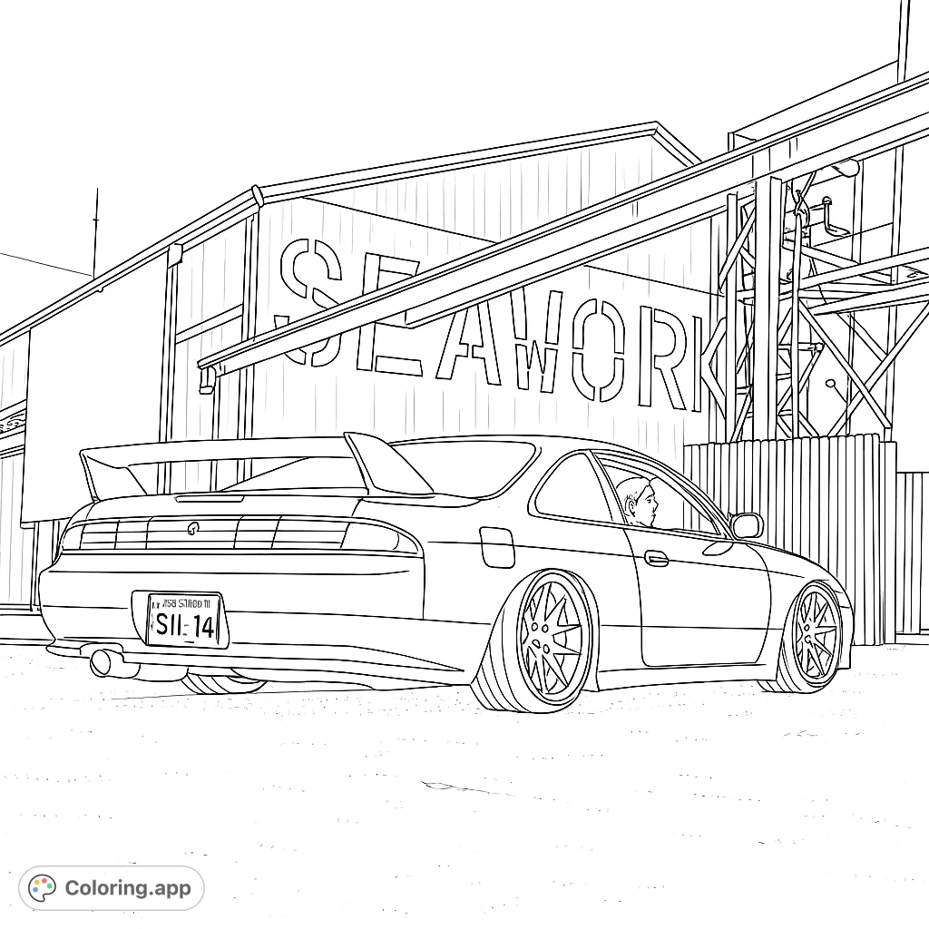Color a sleek, modified sports coupe with a large spoiler and custom wheels, set against an industrial building with 'SEAWORKS' lettering and metal structures.
