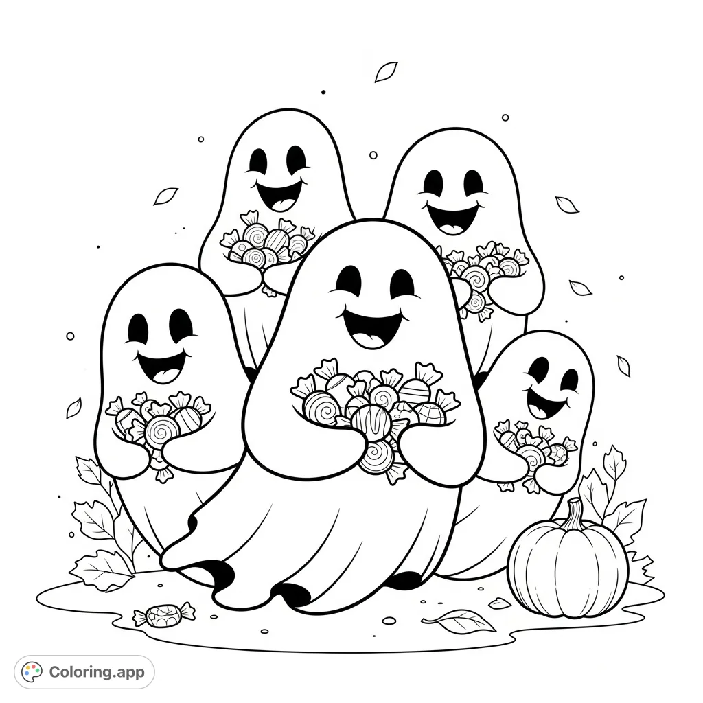 A delightful Halloween coloring page featuring several friendly, smiling ghosts happily holding many pieces of trick-or-treat candy, perfect for young celebrants.