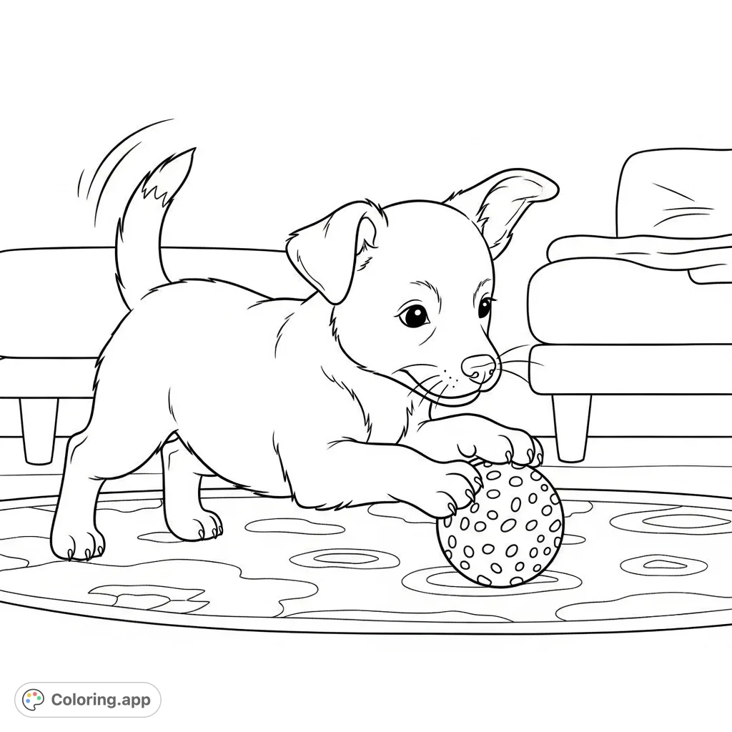 An adorable puppy coloring page featuring a playful pup pouncing on a toy in a cozy living room. Perfect for young animal lovers!