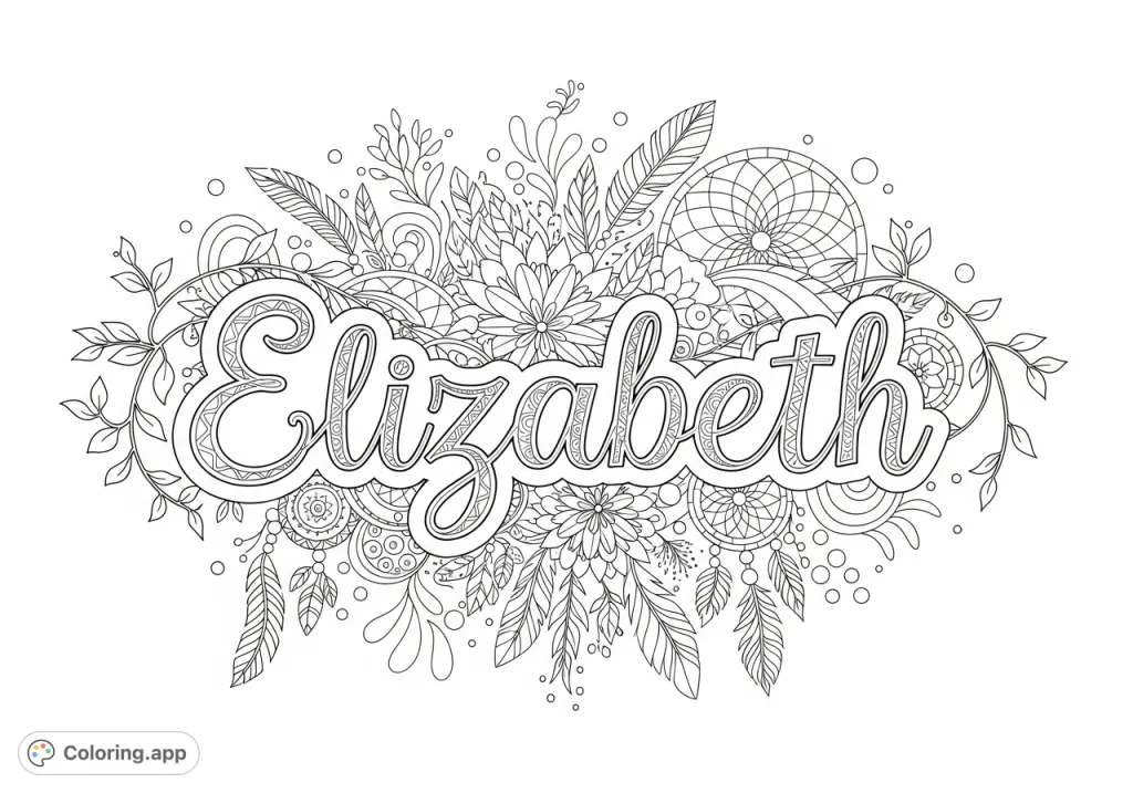 A beautiful Elizabeth name coloring page featuring elegant script and a whimsical boho background with delicate vinery and intricate patterns. Perfect for personalization.