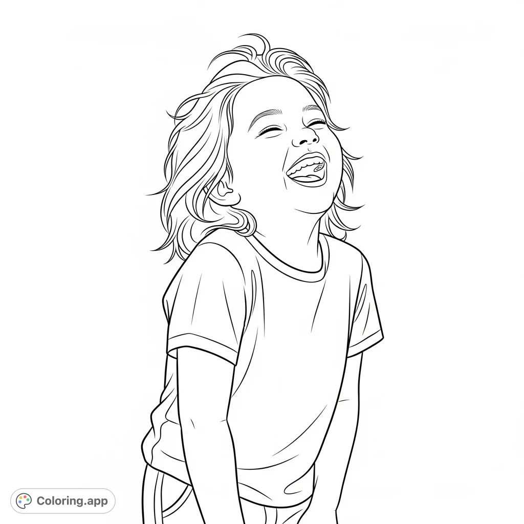 A delightful Macy coloring page featuring a young girl caught in a moment of silly, joyful laughter. Perfect for brightening any day.