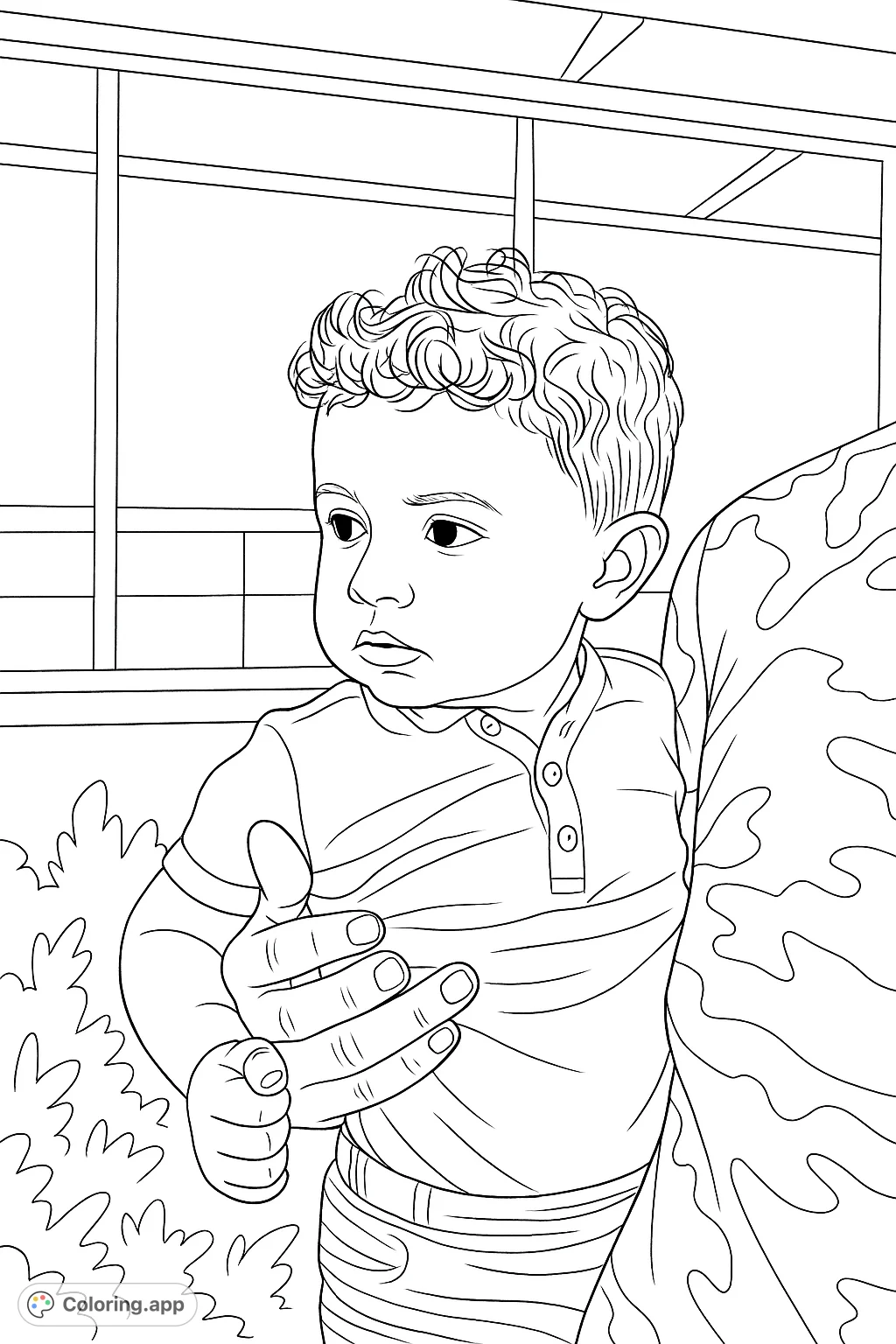 A heartwarming coloring page of a sweet child with curly hair, held gently by an adult. Captures a tender moment, perfect for family and innocence themes.