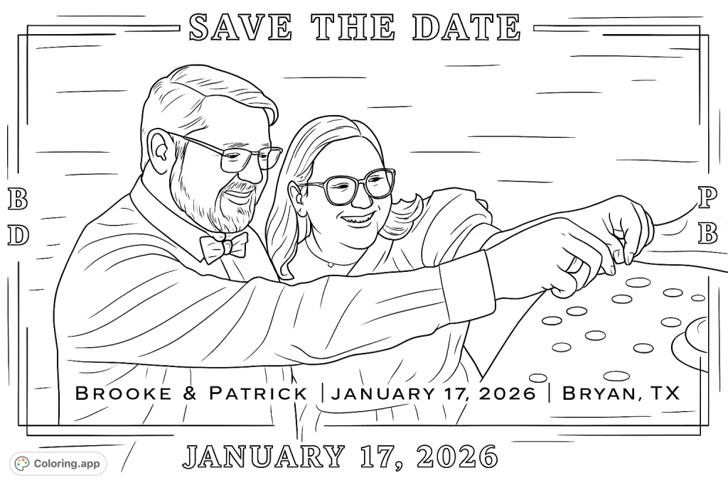 A cheerful couple interacts with a statue, placing small circular objects on its base. A delightful scene for a personalized coloring experience.