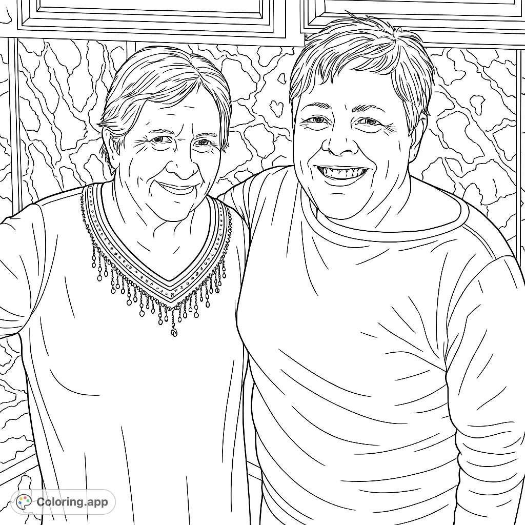 Capture the joy of friendship with this heartwarming portrait of two smiling women. A delightful scene for all ages to color and personalize.