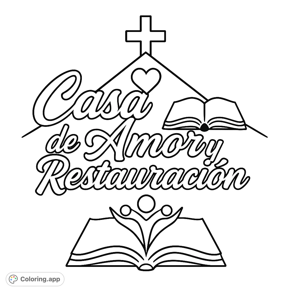 A meaningful emblem featuring a cross, heart, open book with figures, and the phrase 'Casa de Amor y Restauración'. Perfect for spiritual reflection.
