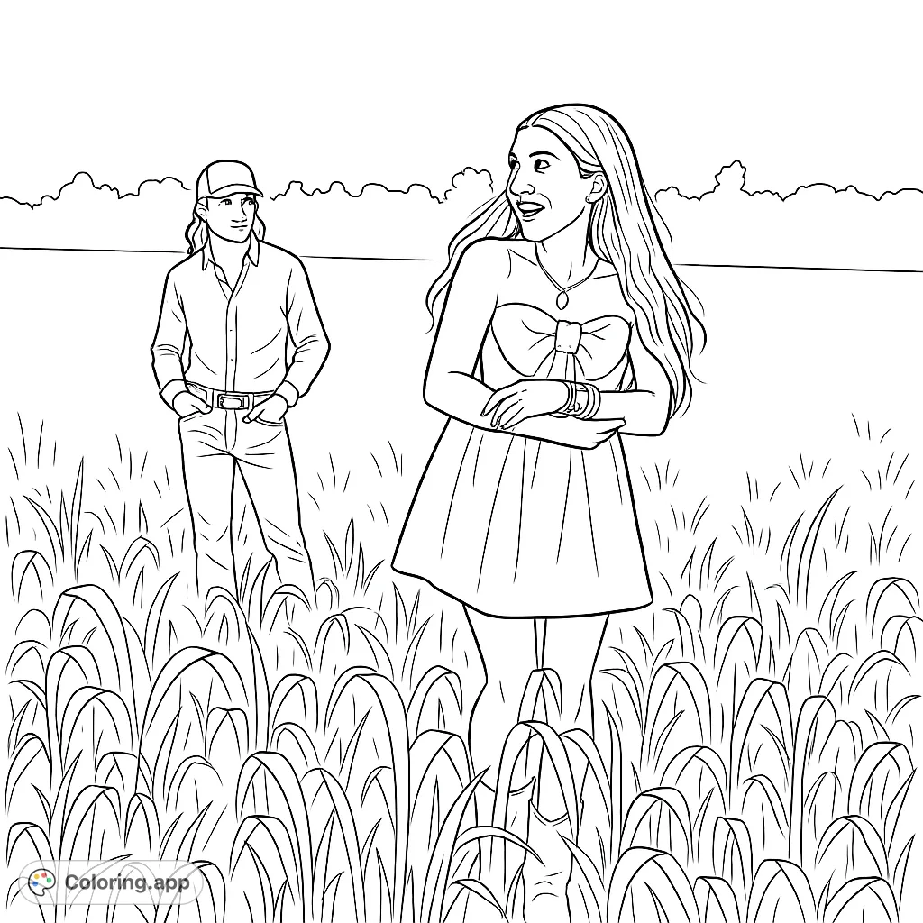 A joyful couple stands amidst a field of tall plants, with a distant tree line. This rural couple coloring page offers a serene and engaging experience.