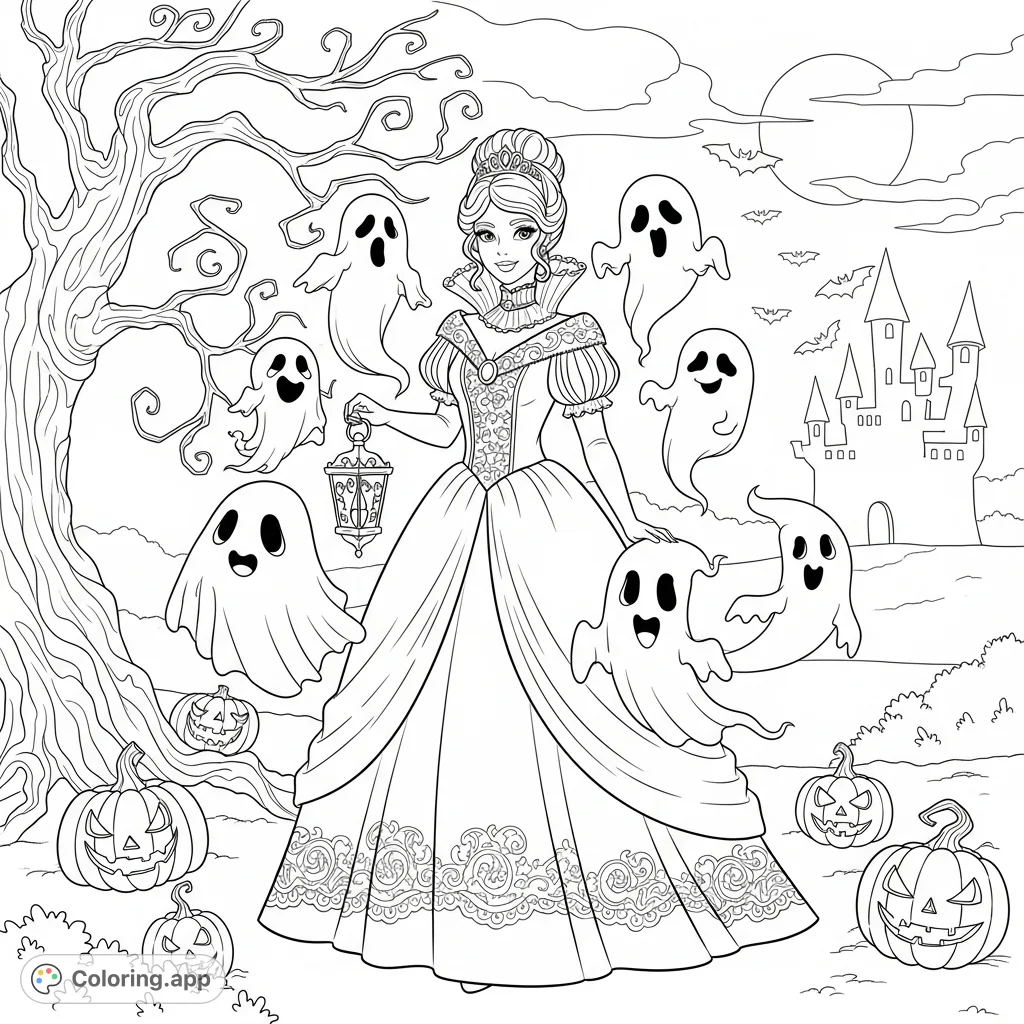 A charming princess surrounded by whimsical ghosts in a spooky Halloween setting, featuring a haunted castle, bare trees, and carved pumpkins. Perfect for festive fun!