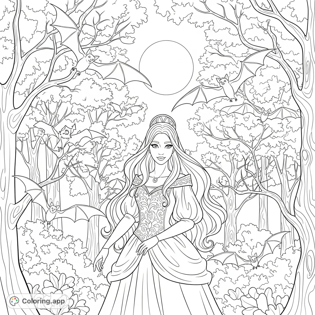 A graceful princess with flowing hair stands among autumn trees, surrounded by playful bats, creating a whimsical Halloween scene perfect for imaginative coloring.
