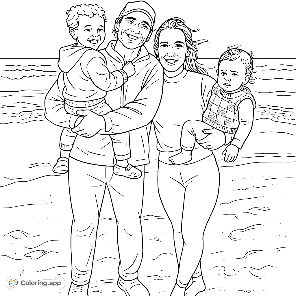 Capture a heartwarming family moment on the beach with this delightful coloring page. Two parents hold their happy children by the ocean waves.