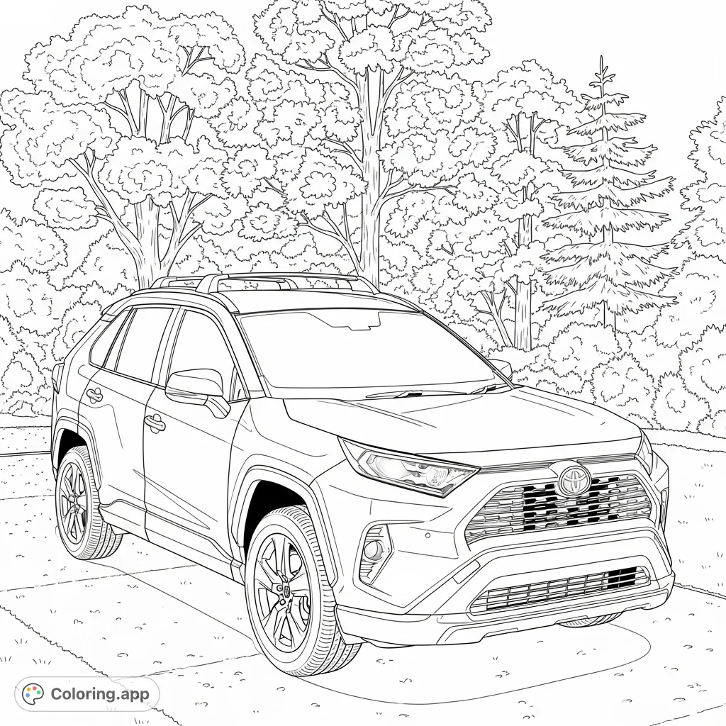 A detailed Toyota RAV4 sits in a textured driveway, backed by a lush array of trees. Perfect for car enthusiasts and nature lovers to bring to life.