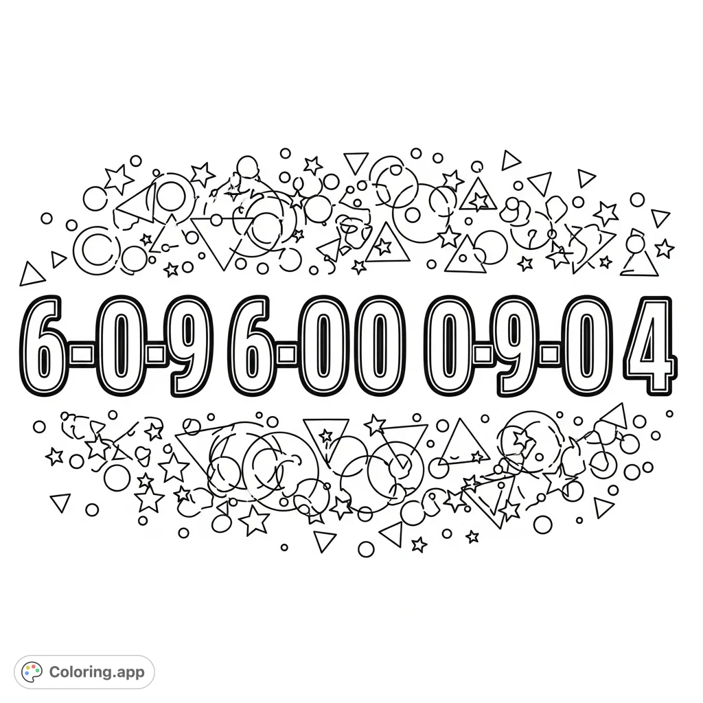A unique coloring page featuring the bold numbers "6-0-9 6-0-0 0-9-0-4" amidst a playful array of geometric shapes and scattered stars.