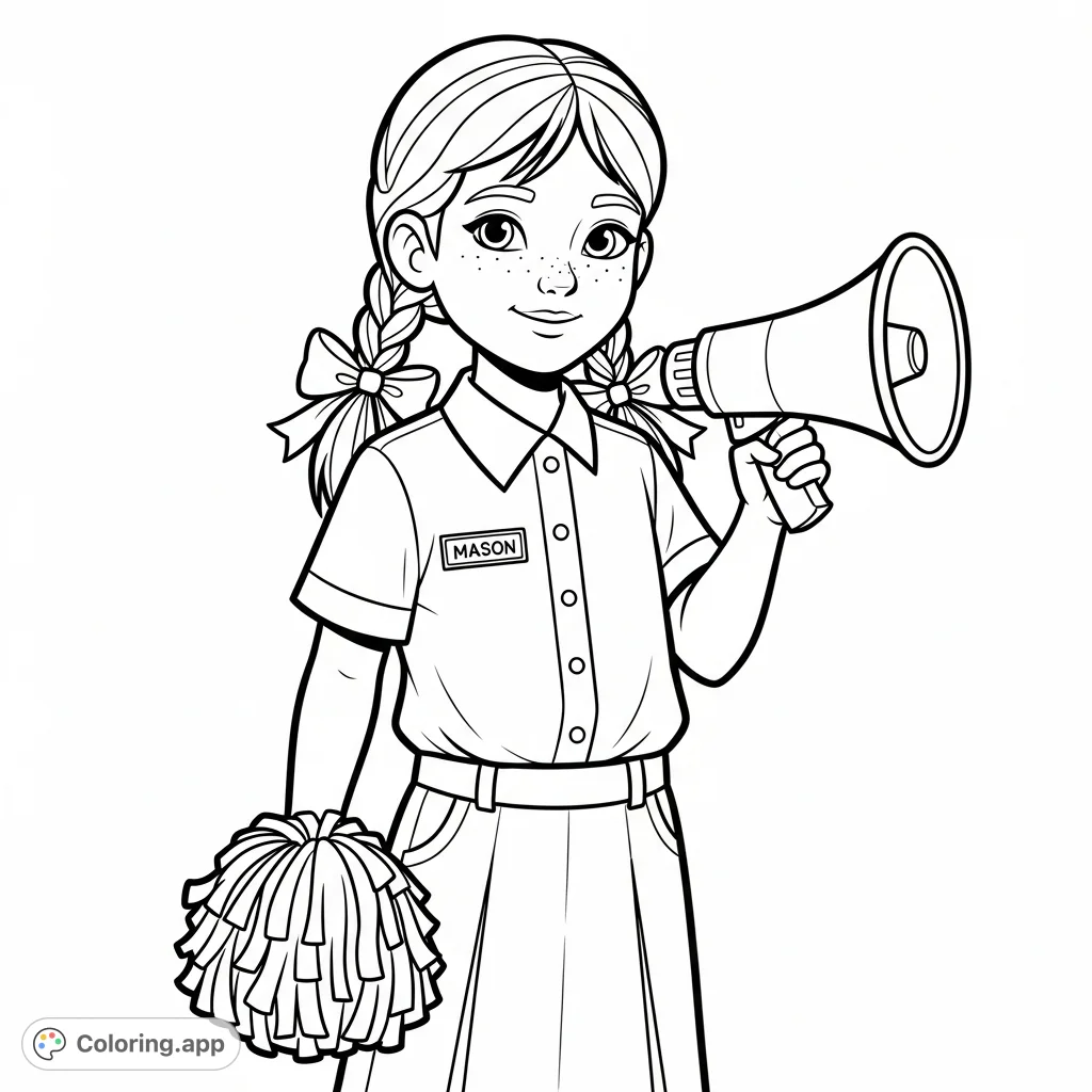 A detailed coloring page featuring a girl in a crisp uniform, her shirt bearing the name 'Mason'. Perfect for young artists to personalize this student-themed scene.