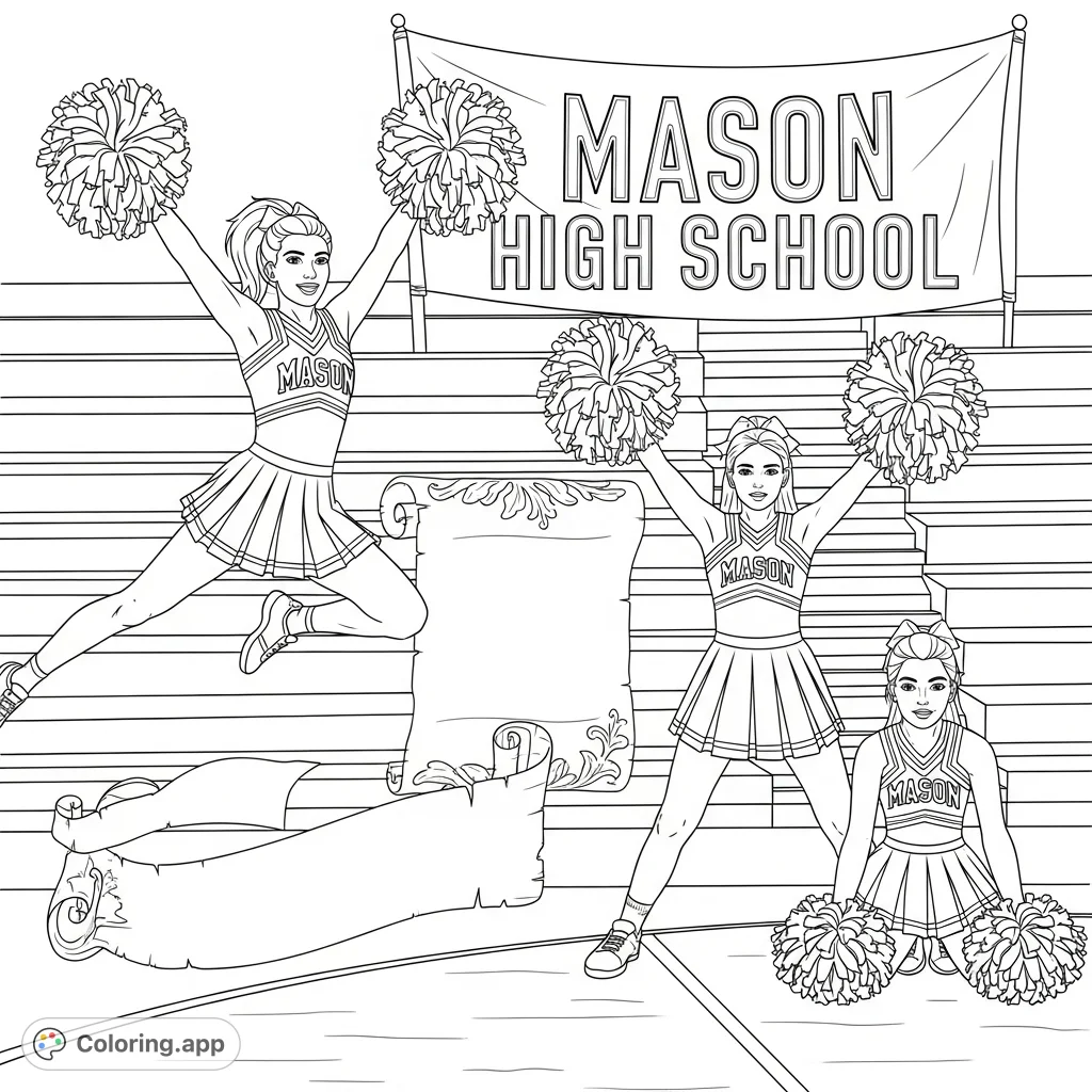 A spirited cheerleader coloring page featuring dynamic cheerleaders, pom poms, and "Mason High School" text, perfect for school spirit.