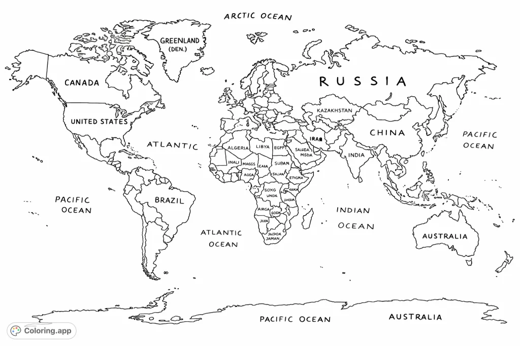 Explore a detailed world map featuring all continents, countries, and oceans. A great educational and engaging free printable world map coloring page for geography enthusiasts.