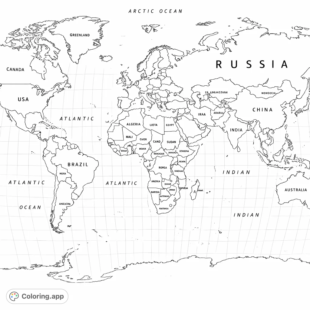 Explore Earth's geography with this detailed world map coloring page. Outline continents, oceans, and countries, perfect for learning and relaxation.