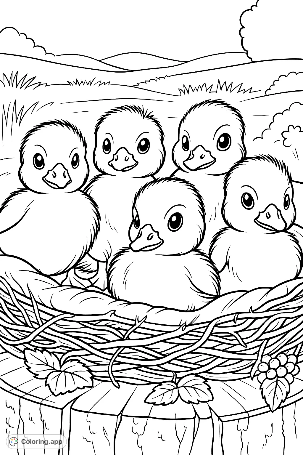Five adorable, fluffy goslings nestled in a cozy nest on a tree stump, surrounded by a serene natural landscape. A charming scene for all ages.