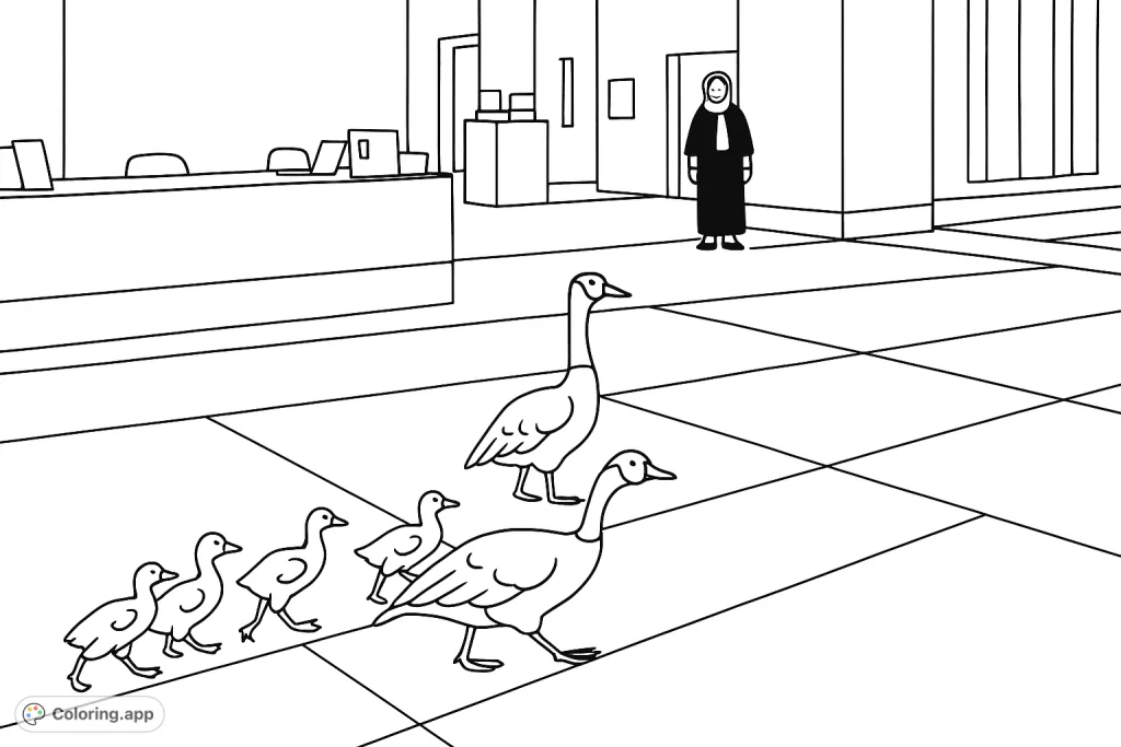 A charming cartoony geese family waddles through an indoor space, followed by adorable goslings. A delightful scene for all ages to color and enjoy!