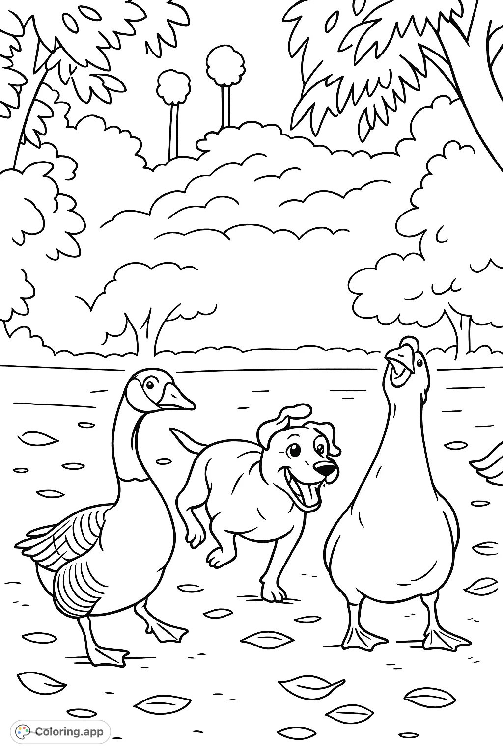 A lively cartoony goose and dog coloring page, perfect for animal lovers! Features a playful chase scene with a dog and two geese on a farm path.