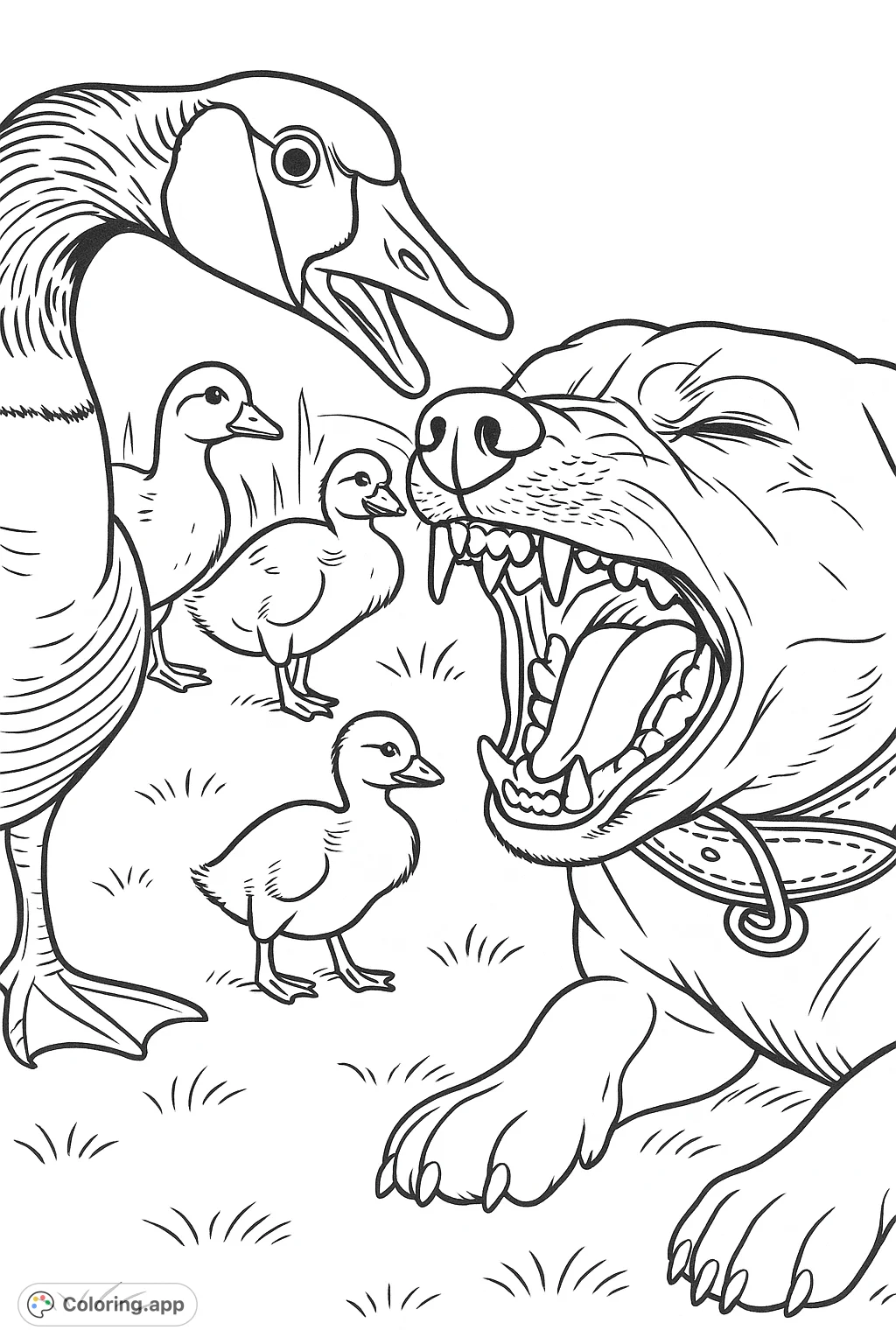 A lively animal coloring page featuring a goose and a dog in a dramatic face-off, with two small ducklings observing. A fun farmyard scene for all ages.