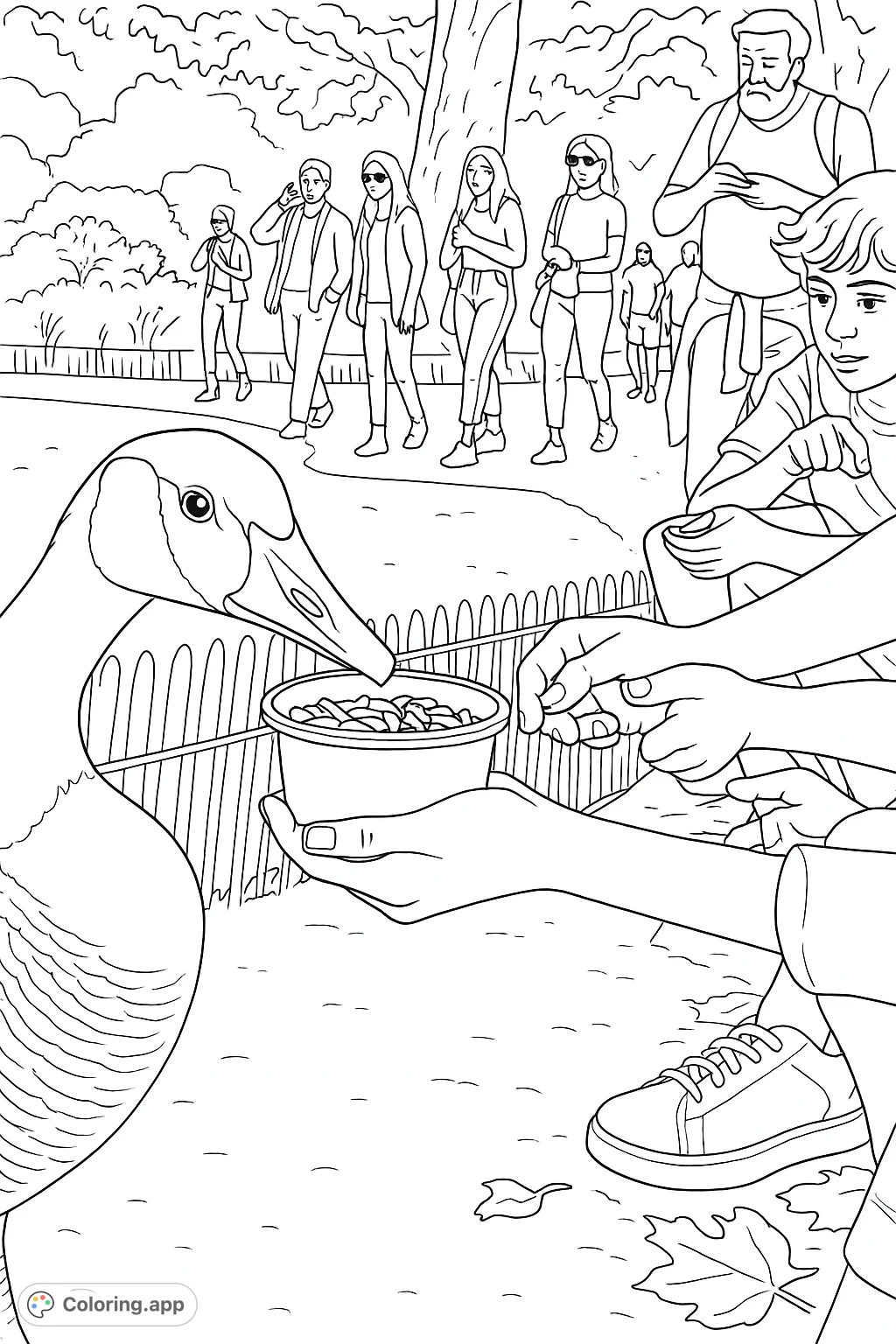 A realistic goose extends its neck to eat from a hand-held container in a park, surrounded by people. A charming nature scene for all ages.