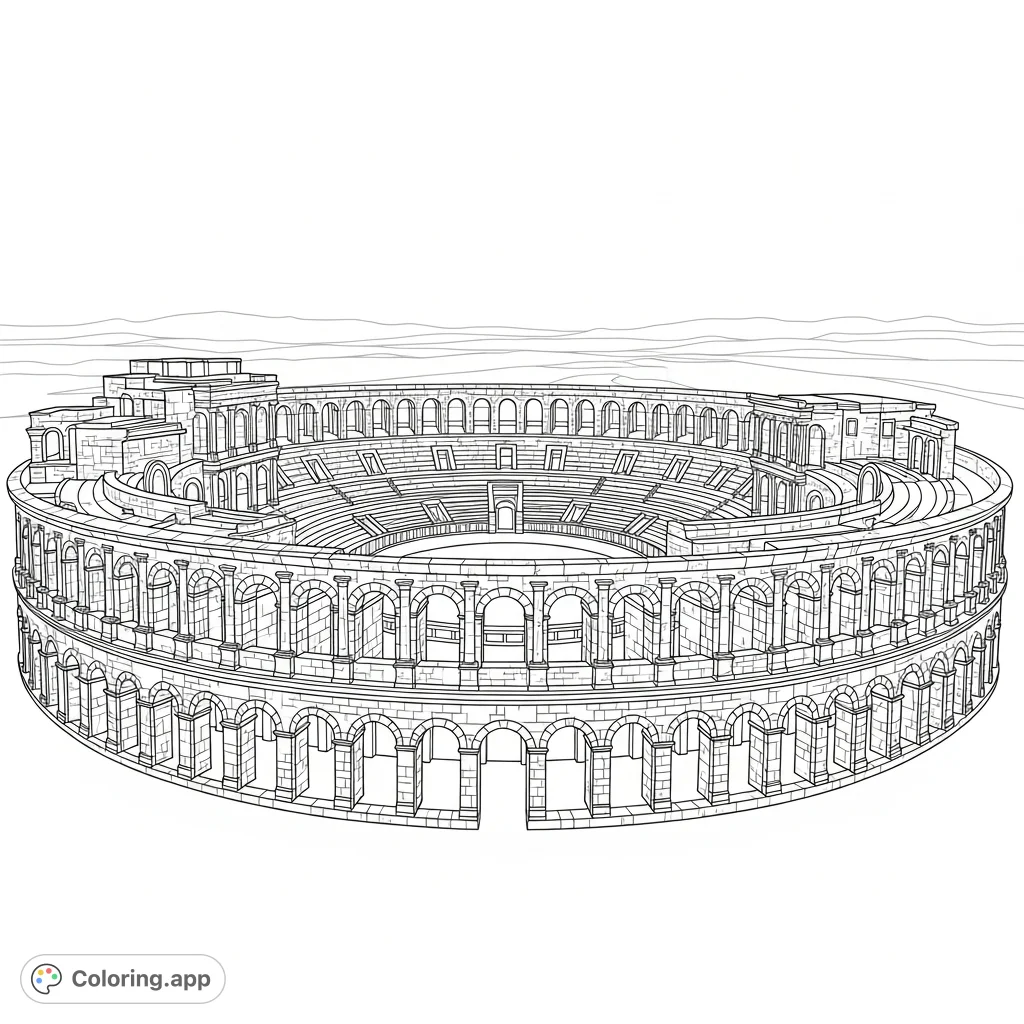 Explore the majestic architecture of a Roman arena with tiered seating and grand archways. Perfect for history enthusiasts to color, adding texture and depth.