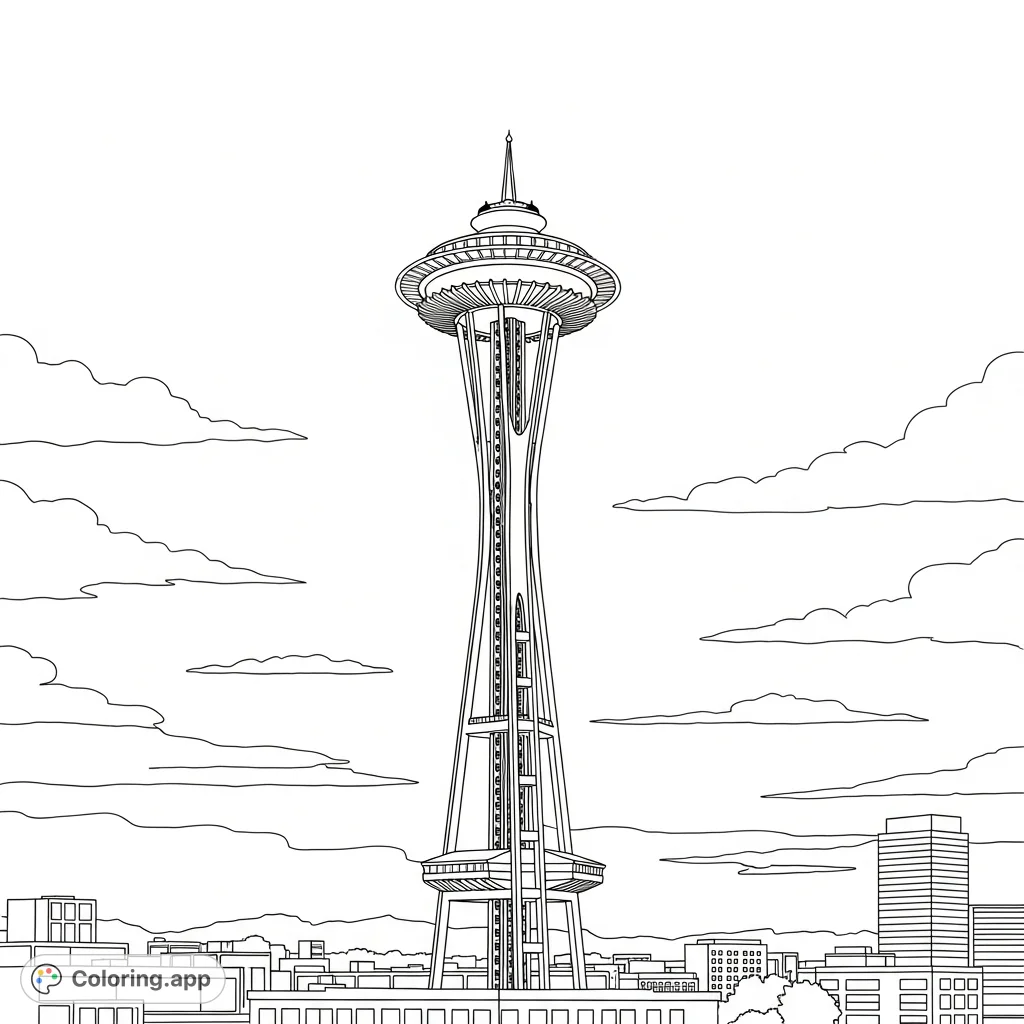 Color a detailed outline of the iconic Seattle Tower, featuring its unique observation deck, towering antenna, and surrounding city skyline for an engaging architectural experience.
