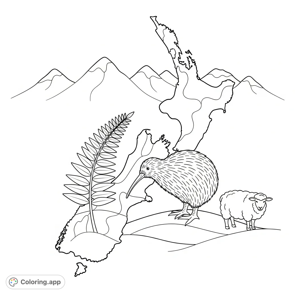 Explore a simplified New Zealand landscape coloring page featuring a kiwi bird, fern, sheep, and mountains. A free printable coloring page for all ages!