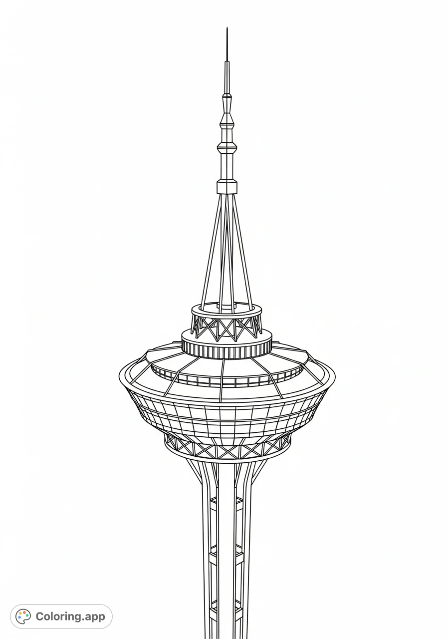 A sleek, minimalist outline of the iconic Seattle Tower, featuring its distinct observation deck and soaring spire, perfect for urban architecture enthusiasts.