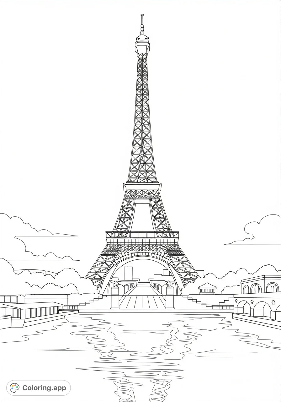Color a simple outline of the iconic Eiffel Tower with the serene river flowing beneath. Perfect for beginners, this free printable Eiffel Tower coloring page captures Parisian charm.