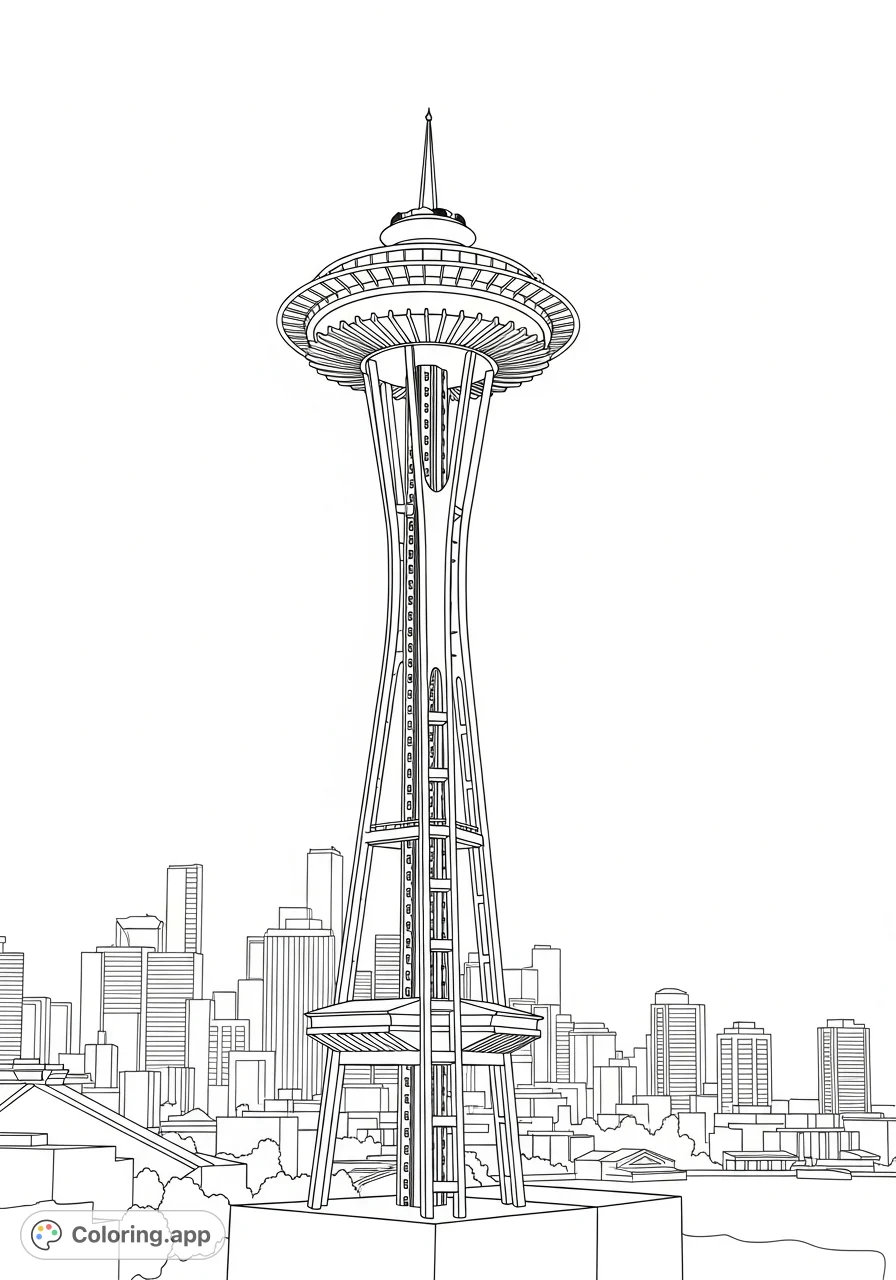 A detailed outline of the iconic Seattle Tower, featuring its unique structure, circular observation deck, and pointed spire against a distant cityscape.