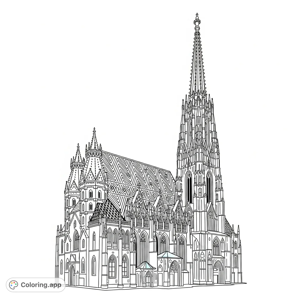 Color a minimalist sketch of St. Stephen's Cathedral, Vienna.