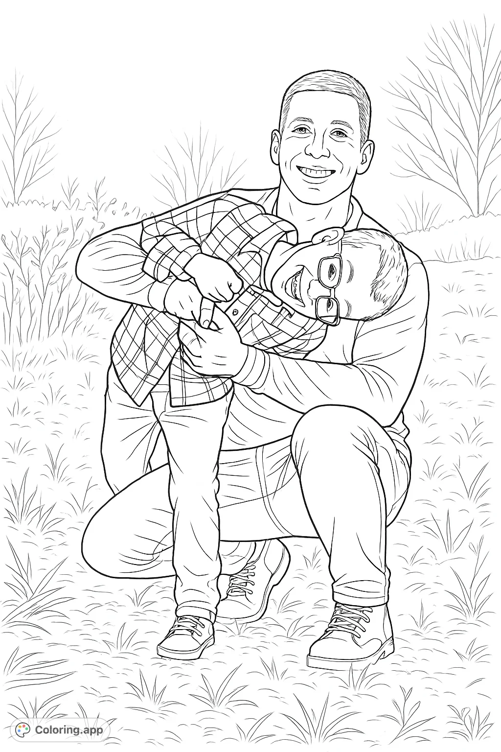 A heartwarming father and son share a joyful, playful moment in a grassy field. Perfect for celebrating family bonds and creative expression.