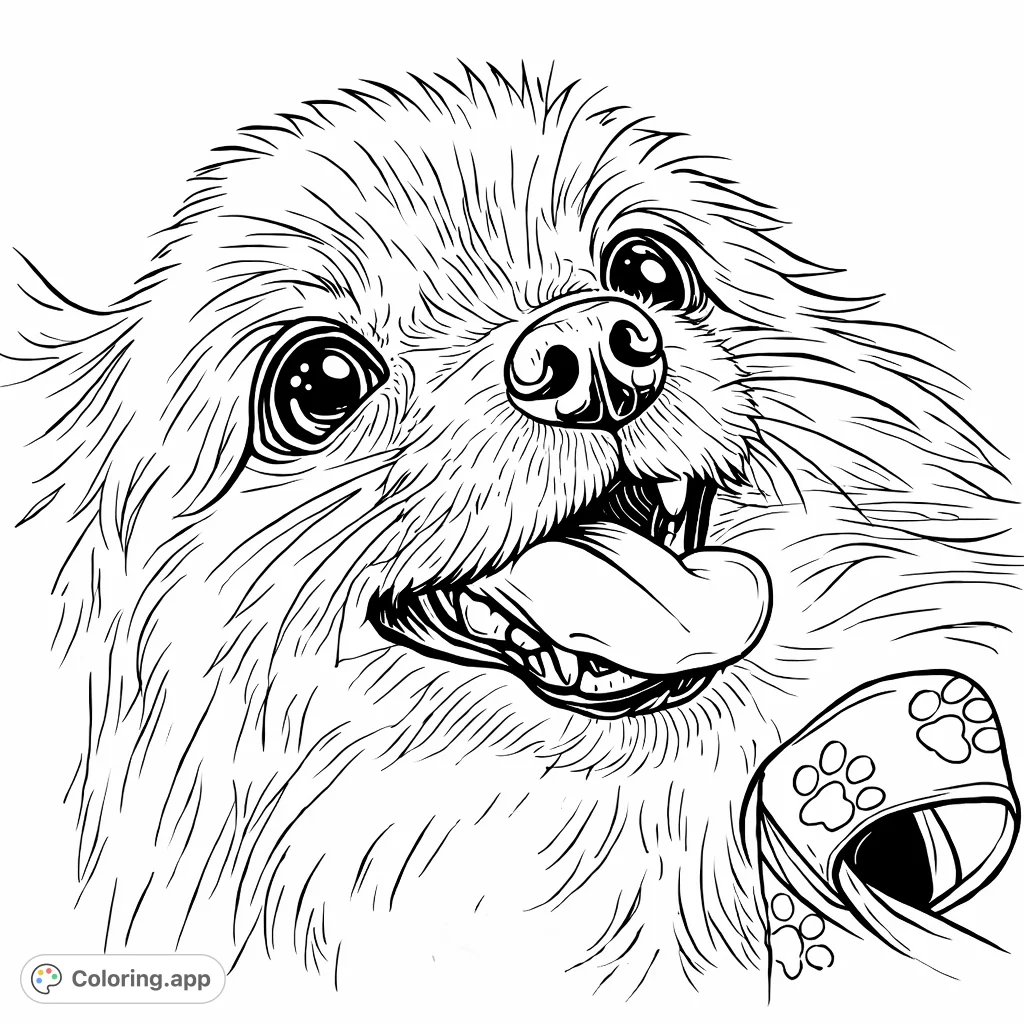 A delightful close-up of a happy, fluffy dog with its tongue out and an accessory featuring heart and paw print motifs, ready for your creative touch.
