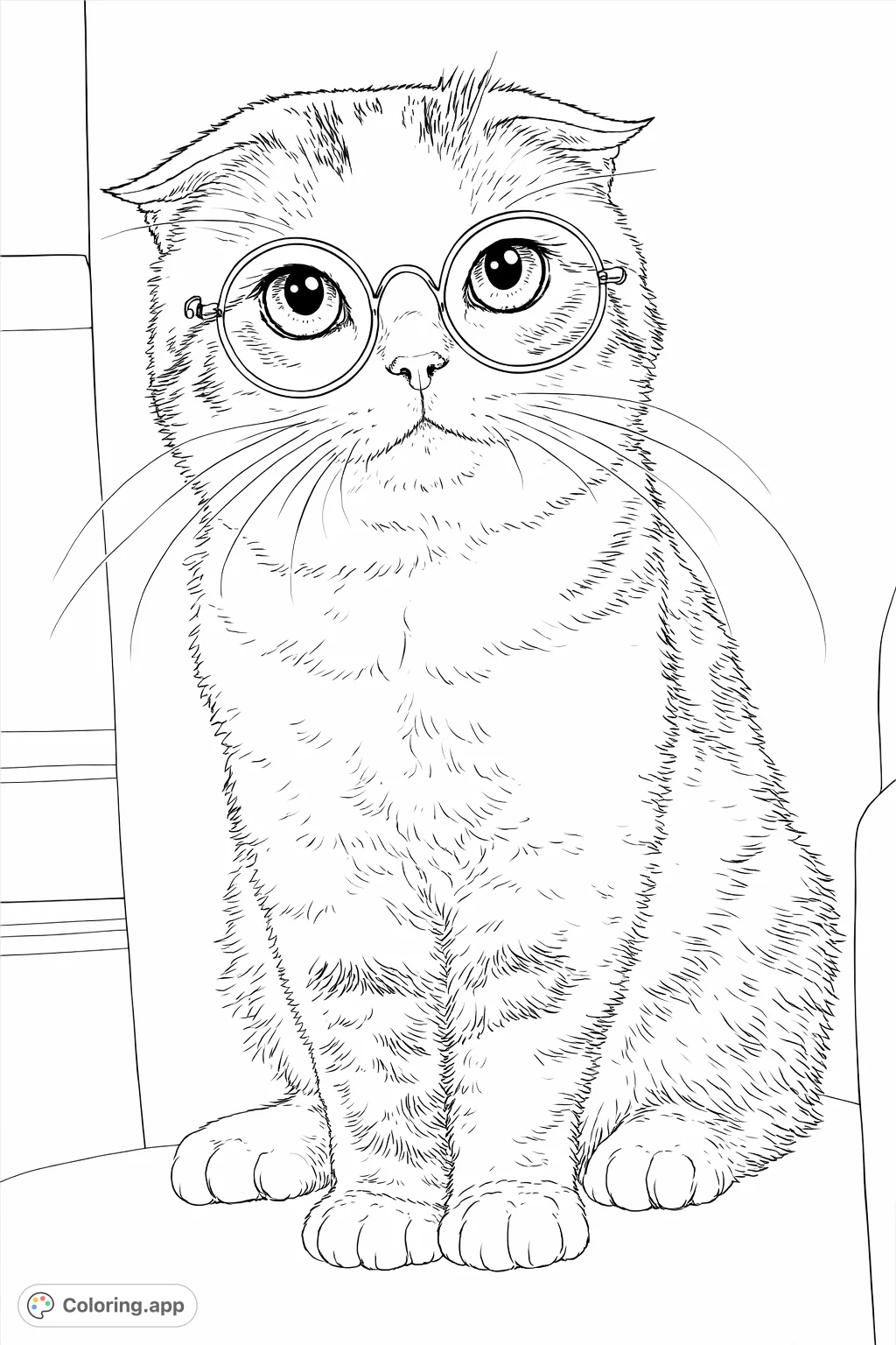 An adorable feline friend wearing spectacles, sitting attentively. Perfect for cat lovers to add unique patterns and textures to its fur and glasses.