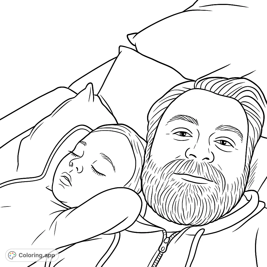 Capture a tender moment of a father and child resting together. This heartwarming scene is perfect for a peaceful coloring experience.