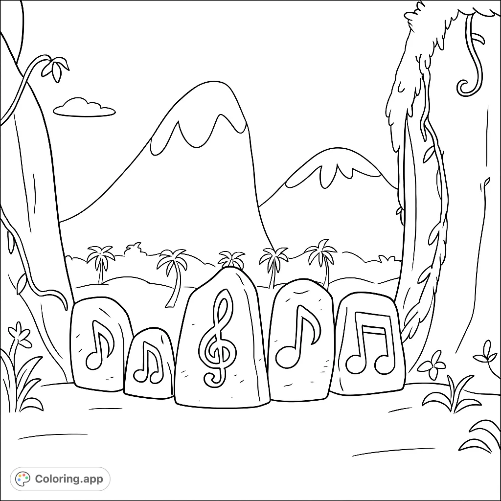 Discover ancient musical notes carved into stone tablets on a mysterious island. A fun, free printable musical notes coloring page for kids and adults!