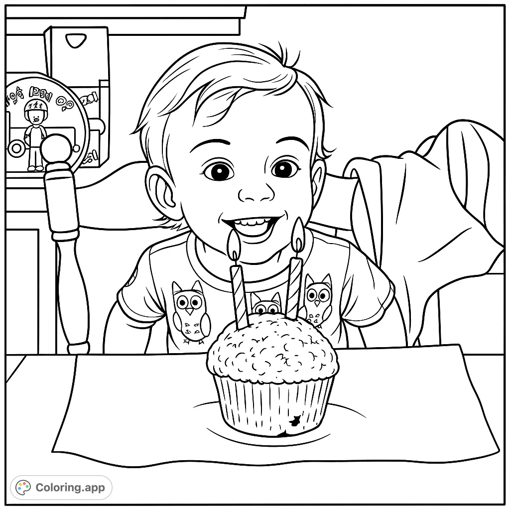A joyful child celebrates with a special muffin and two glowing candles. A heartwarming scene perfect for young colorists to bring to life with imagination.