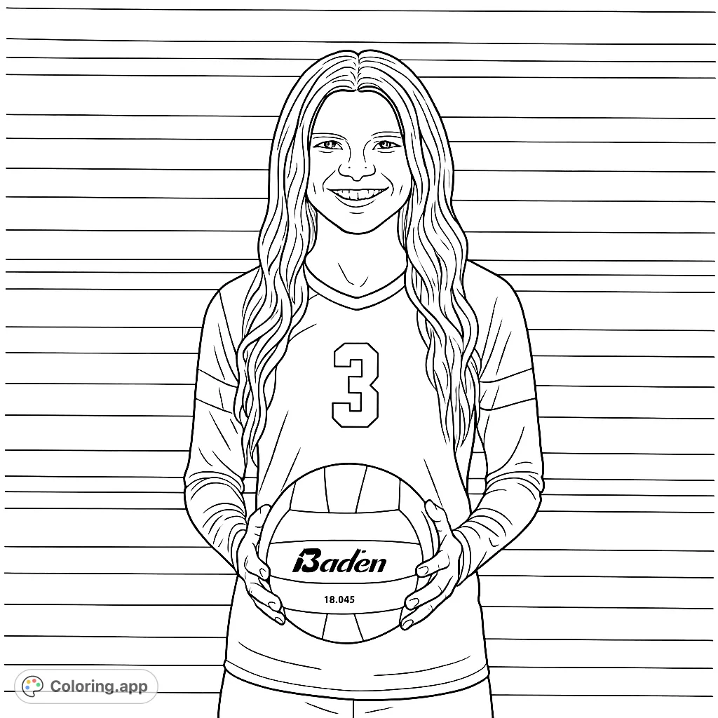 A smiling young woman in a sports jersey holds a volleyball, ready for action. Perfect for sports enthusiasts and aspiring athletes to color.