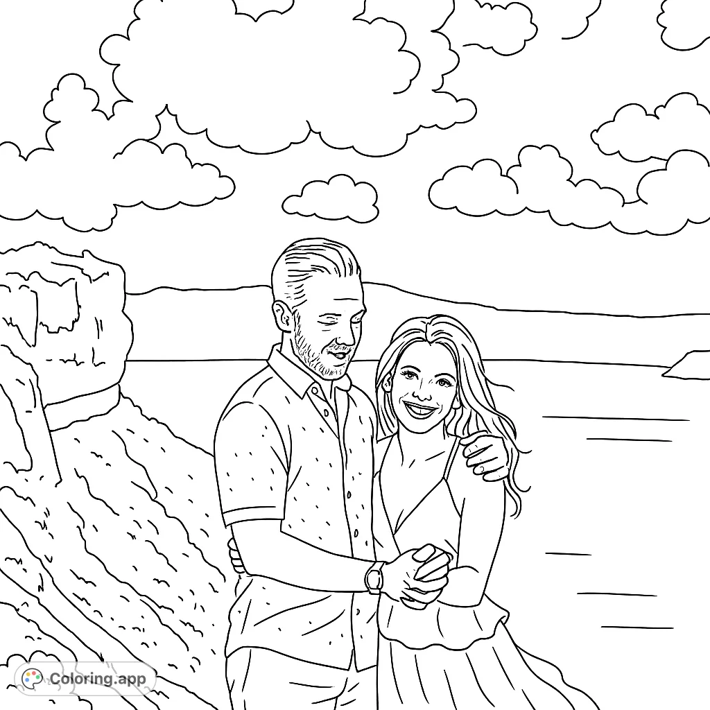 Capture a romantic moment with this couple embracing on a dramatic cliffside overlooking the sea. A perfect scene for expressing love and connection.