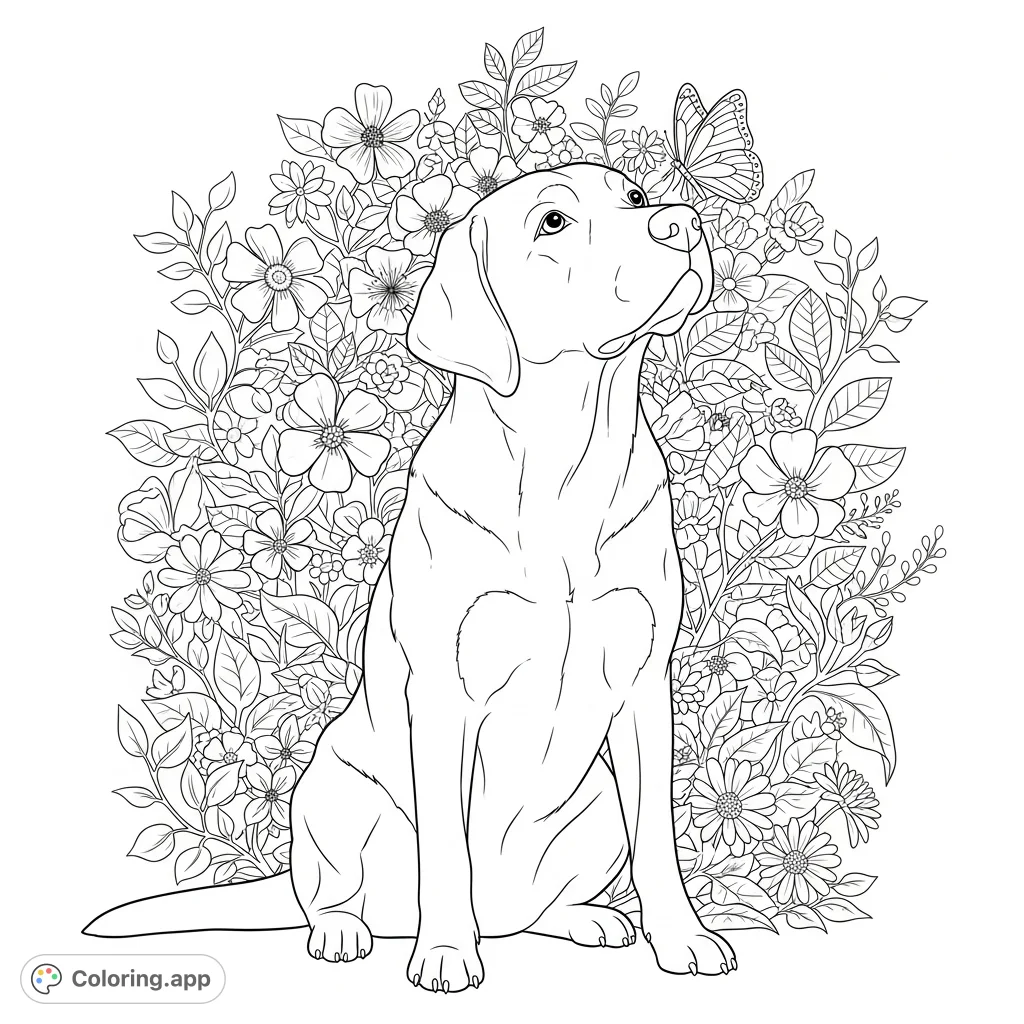 A charming Labrador Retriever with a butterfly perched on its nose, set against a lush, intricate floral background. A delightful scene for nature and animal lovers.