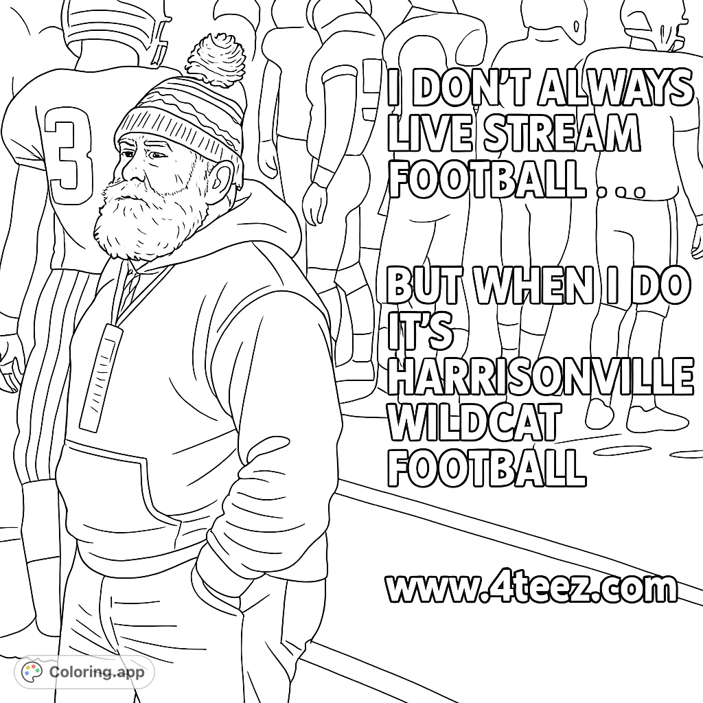 A detailed coloring page featuring a distinguished bearded man in a beanie and hoodie, observing a football game from the sidelines. Perfect for sports fans.