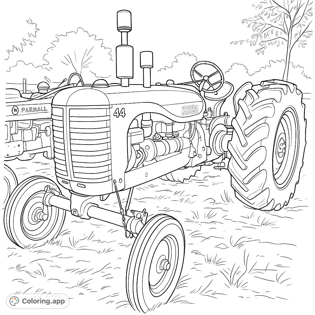 Color a detailed vintage farm tractor, featuring robust wheels, an intricate grille, and visible engine parts, set against a rural backdrop. Perfect for enthusiasts.